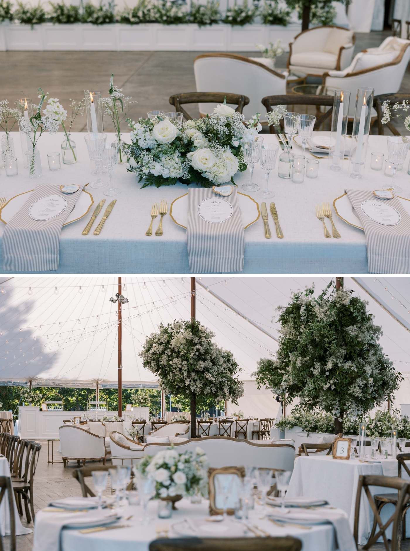 Champagne and white florals affixed to a tent pole to look like a blooming tree
