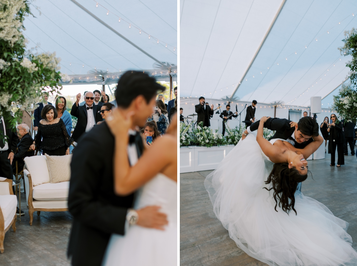 Guests clap while a bride and groom dance 