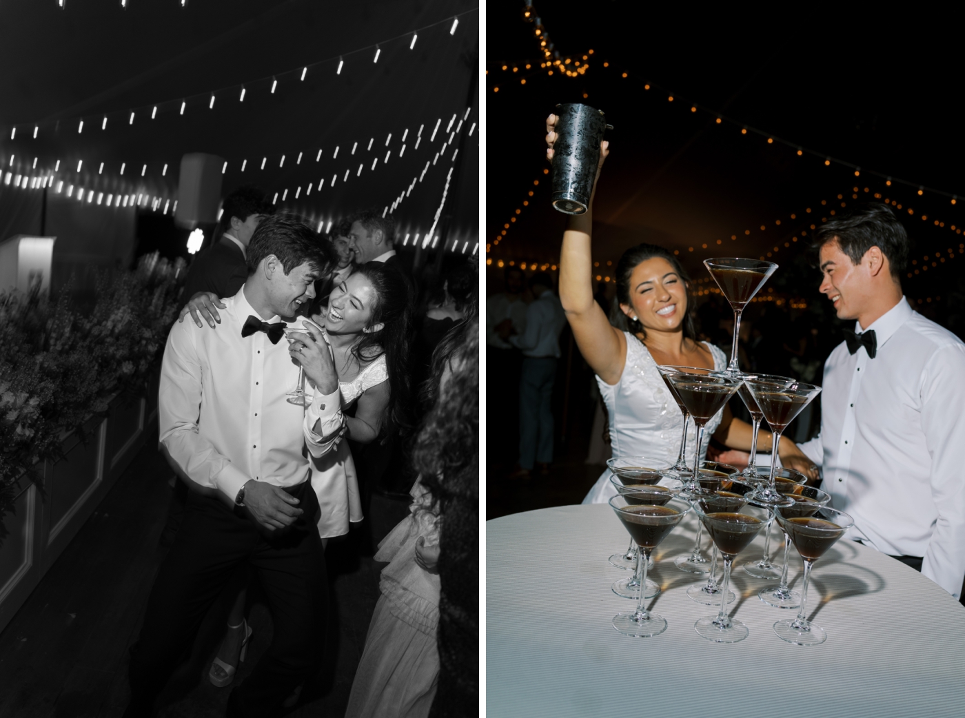 A bride and groom pour martinis into a martini tower