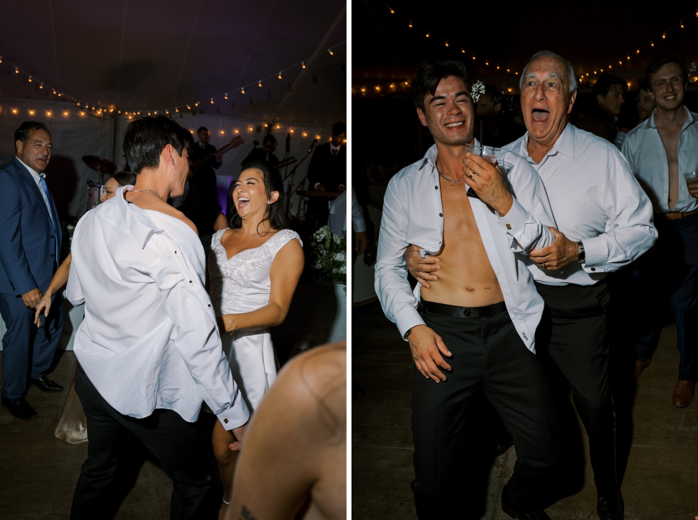 A groom unbuttons his shirt on the dance floor