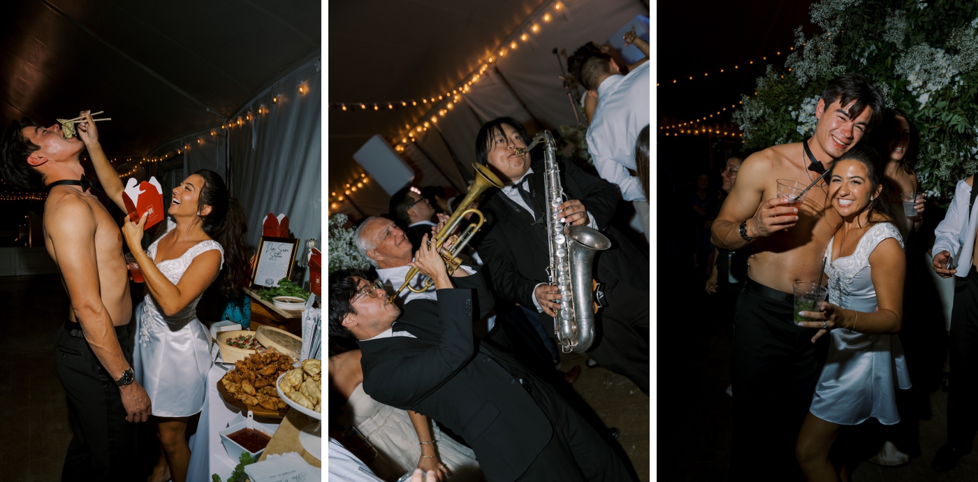 A bride feeds late night dim sum dumplings to the groom during their wedding reception