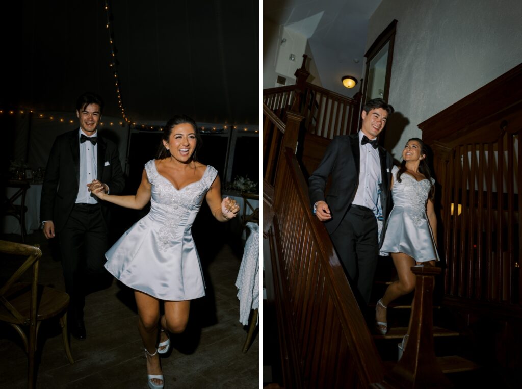 A bride changes into a short, vintage reception dress 