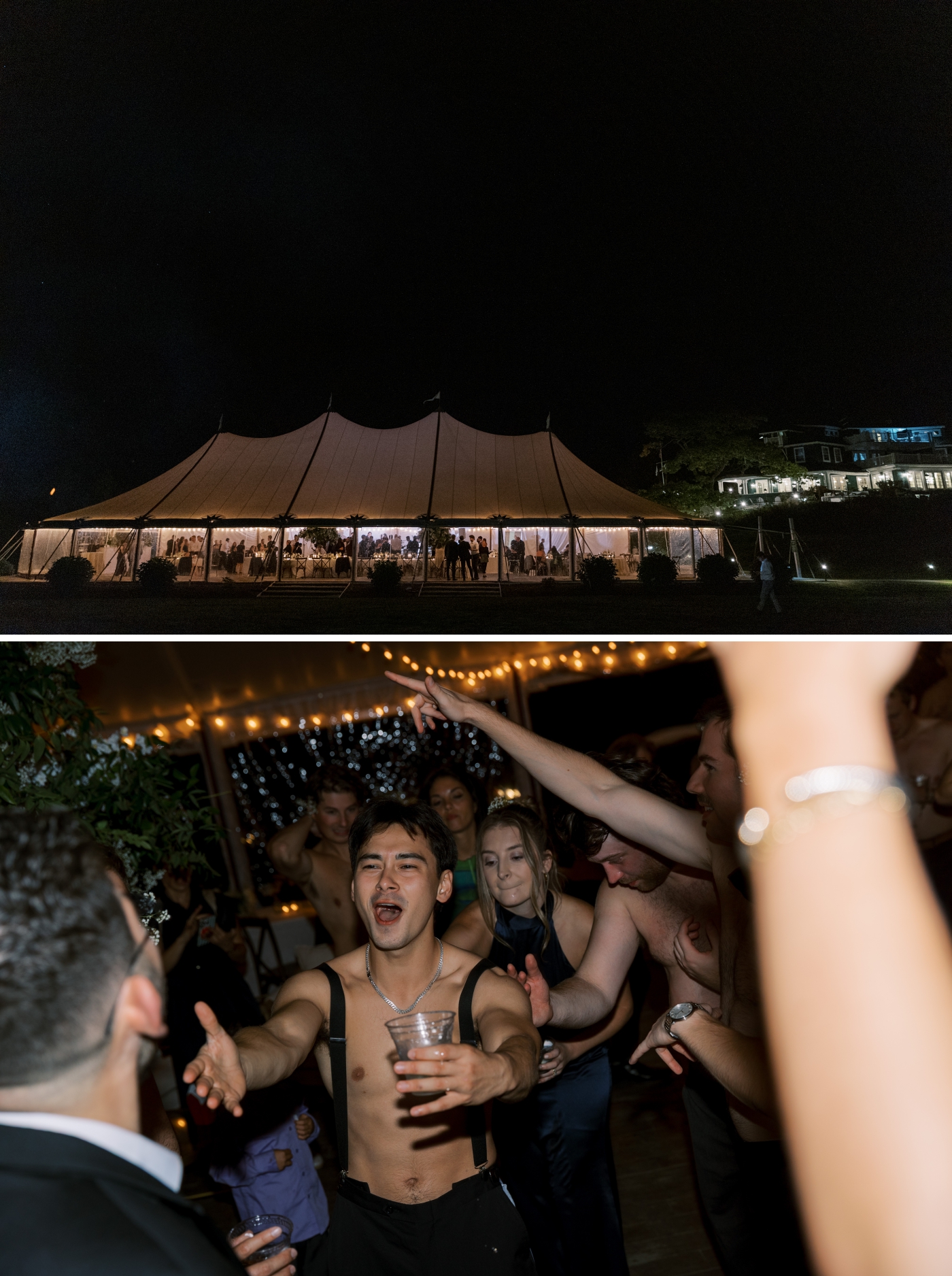 A distant shot of a sailcloth tent glowing during a wedding reception